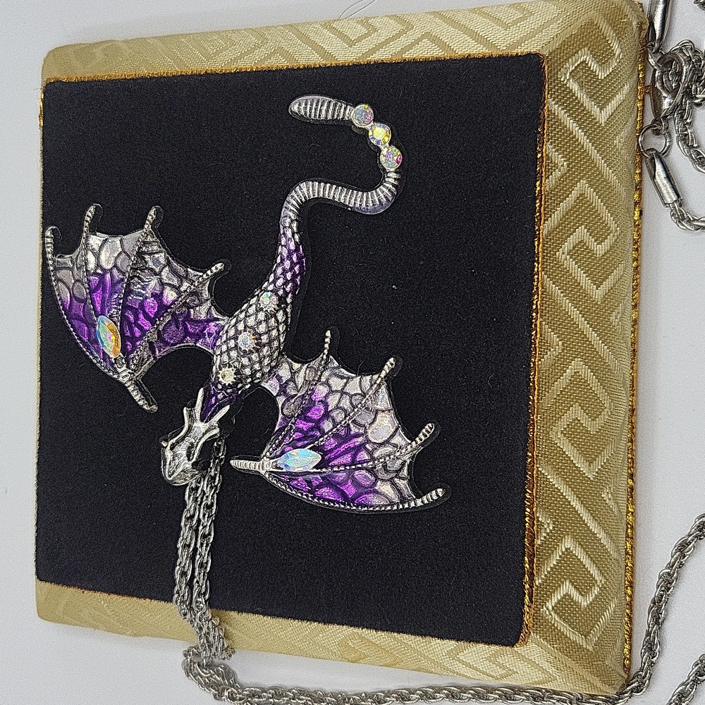 🐉 Purple And Silver Enamel Dragon Necklace | 22" Goldtone Rope Chain 🐉